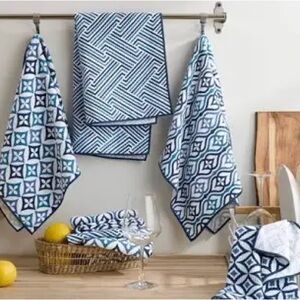 Geometric Blue and White Kitchen Towel Set